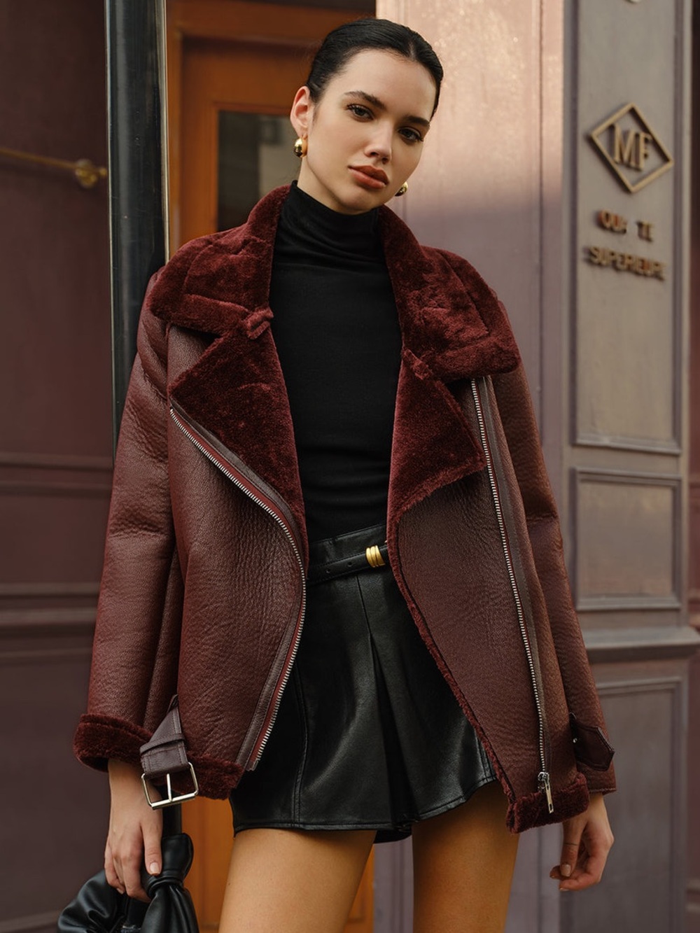 Commense Zipper Belted Soft Fleece Jacket in Burgundy - Size L